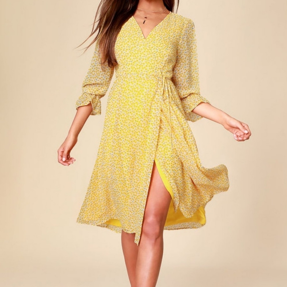 Malva Yellow Floral Print 3/4 Sleeve Wrap Dress